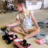 Remote Control Tractor Toy [2025] Kids RC Tractor Set & Truck and Trailer Front Loader - Metal Car Head/8 Wheel/Light, Toddlers Farm Vehicle Toys for 3 4 5 6 7 8 9 Year Old Girls Birthday Gift, Pink
