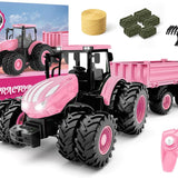 Remote Control Tractor Toy [2025] Kids RC Tractor Set & Truck and Trailer Front Loader - Metal Car Head/8 Wheel/Light, Toddlers Farm Vehicle Toys for 3 4 5 6 7 8 9 Year Old Girls Birthday Gift, Pink