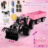 Remote Control Tractor Toy [2025] Kids RC Tractor Set & Truck and Trailer Front Loader - Metal Car Head/8 Wheel/Light, Toddlers Farm Vehicle Toys for 3 4 5 6 7 8 9 Year Old Girls Birthday Gift, Pink