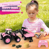 Remote Control Tractor Toy [2025] Kids RC Tractor Set & Truck and Trailer Front Loader - Metal Car Head/8 Wheel/Light, Toddlers Farm Vehicle Toys for 3 4 5 6 7 8 9 Year Old Girls Birthday Gift, Pink